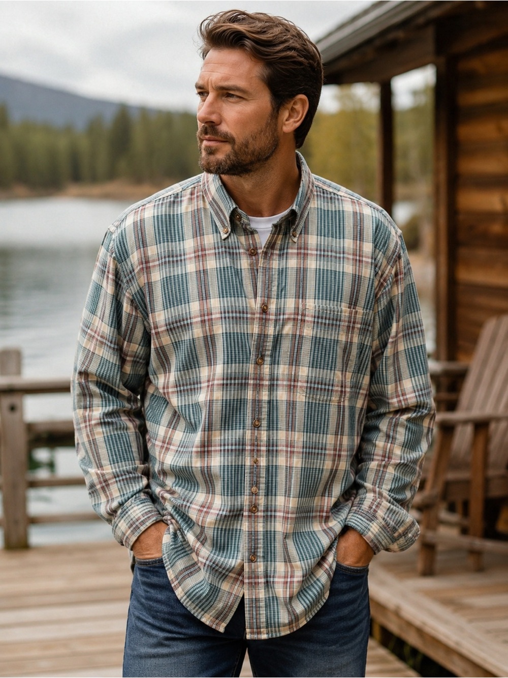 Specialty Classics Plaid Button Down Shirt XL Green Blue Long Sleeve Casual